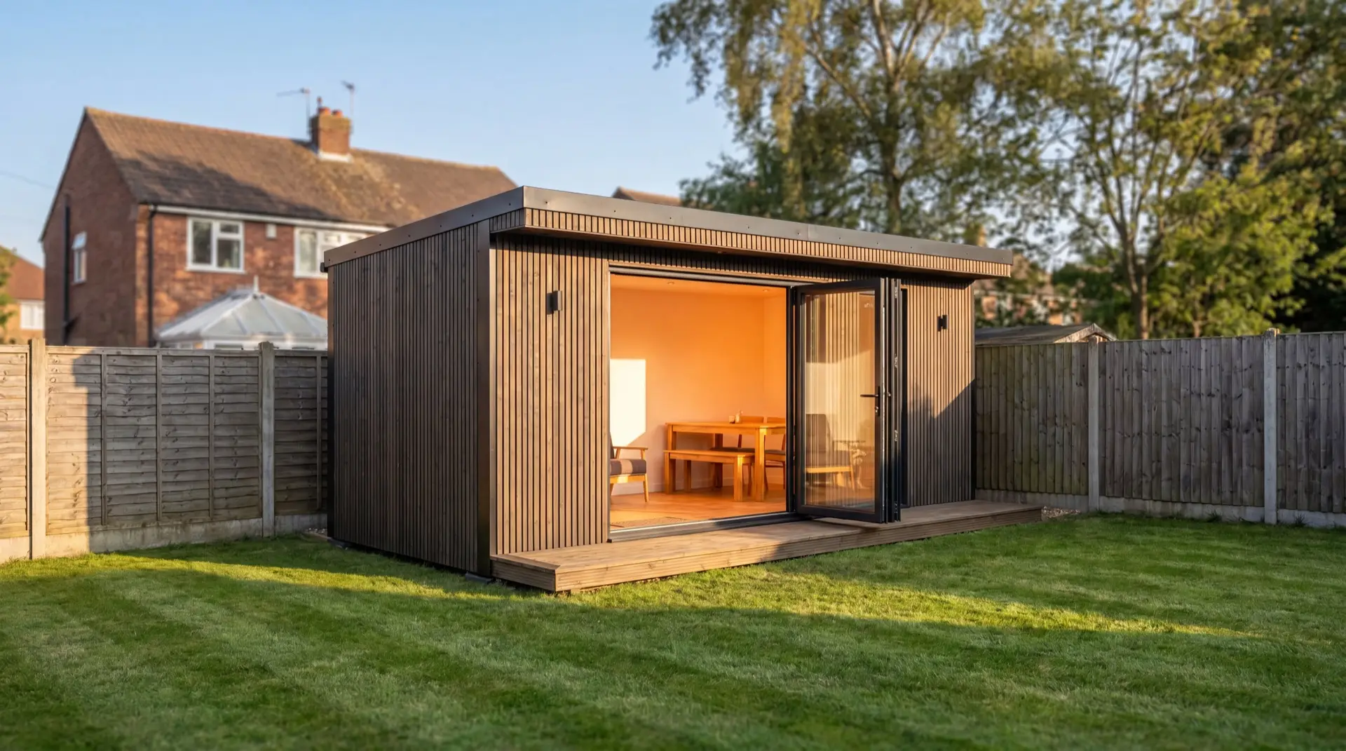The finished container conversion: a warm, glazed garden room